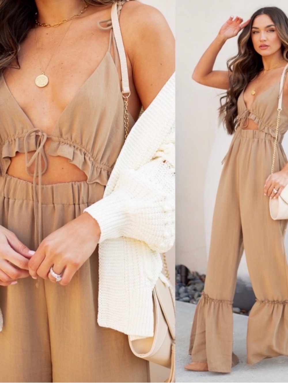Vici Tan Cutout Tie-Front Wide-Leg Jumpsuit